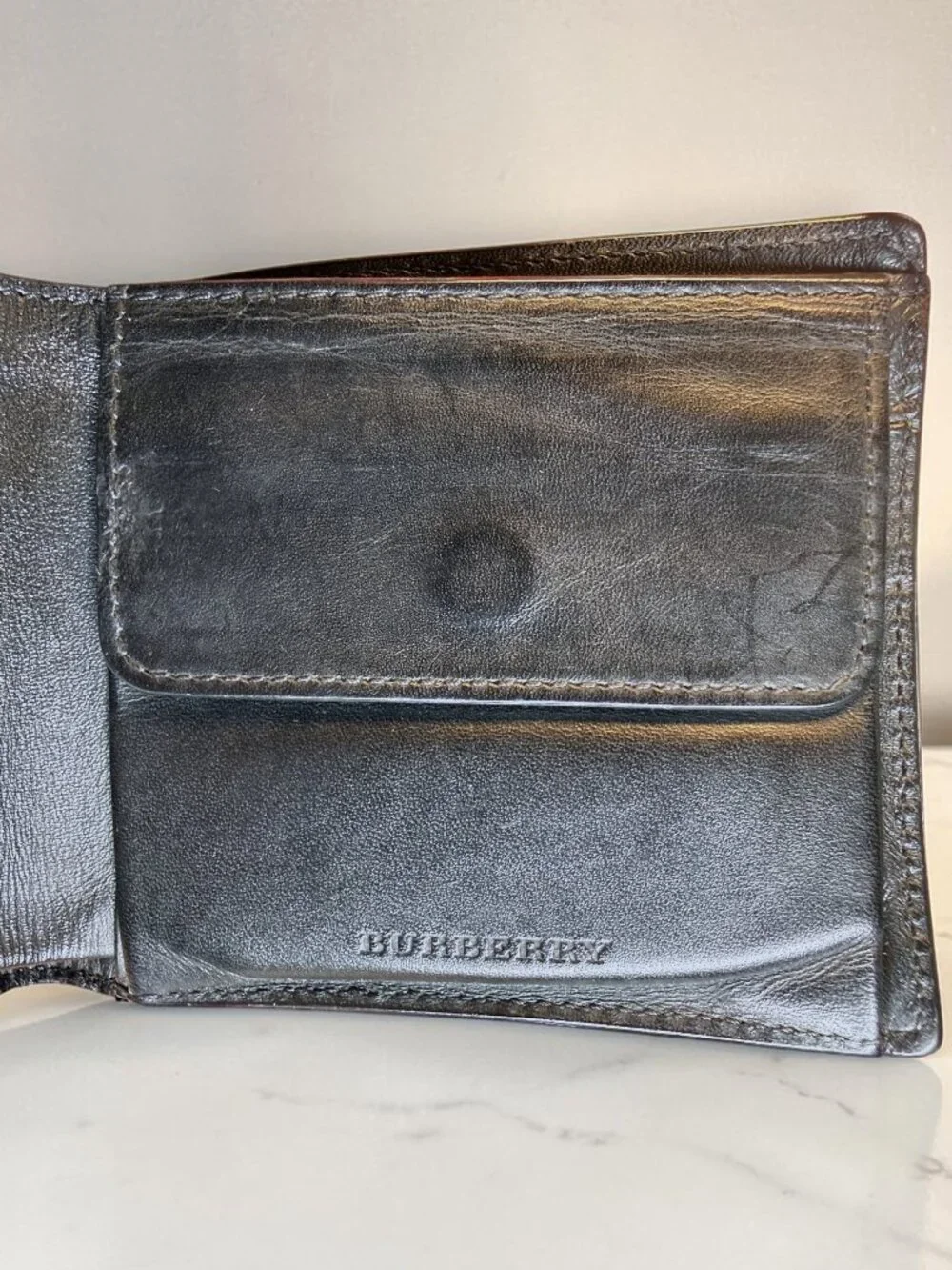 Burberry Mens Vintage Black Leather Bifold Wallet with Coin Pocket and COA